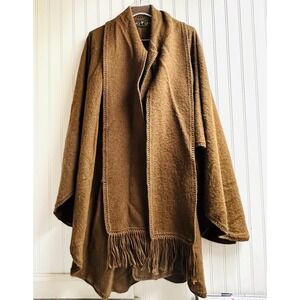 Vintage 90s Inka Line Alpaca Cape Poncho Cardigan Wrap Brown Camel Fringed Scarf